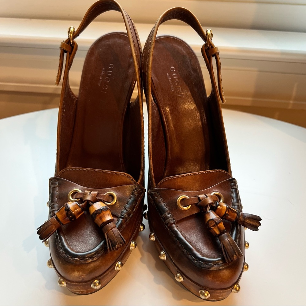 GUCCI Brown Leather Wood Platform Clog Slingback Heel